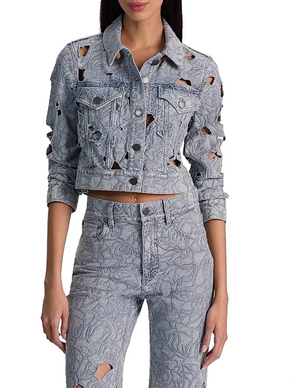 Alice + Olivia Light Gray Distressed Embroidered Denim Jacket